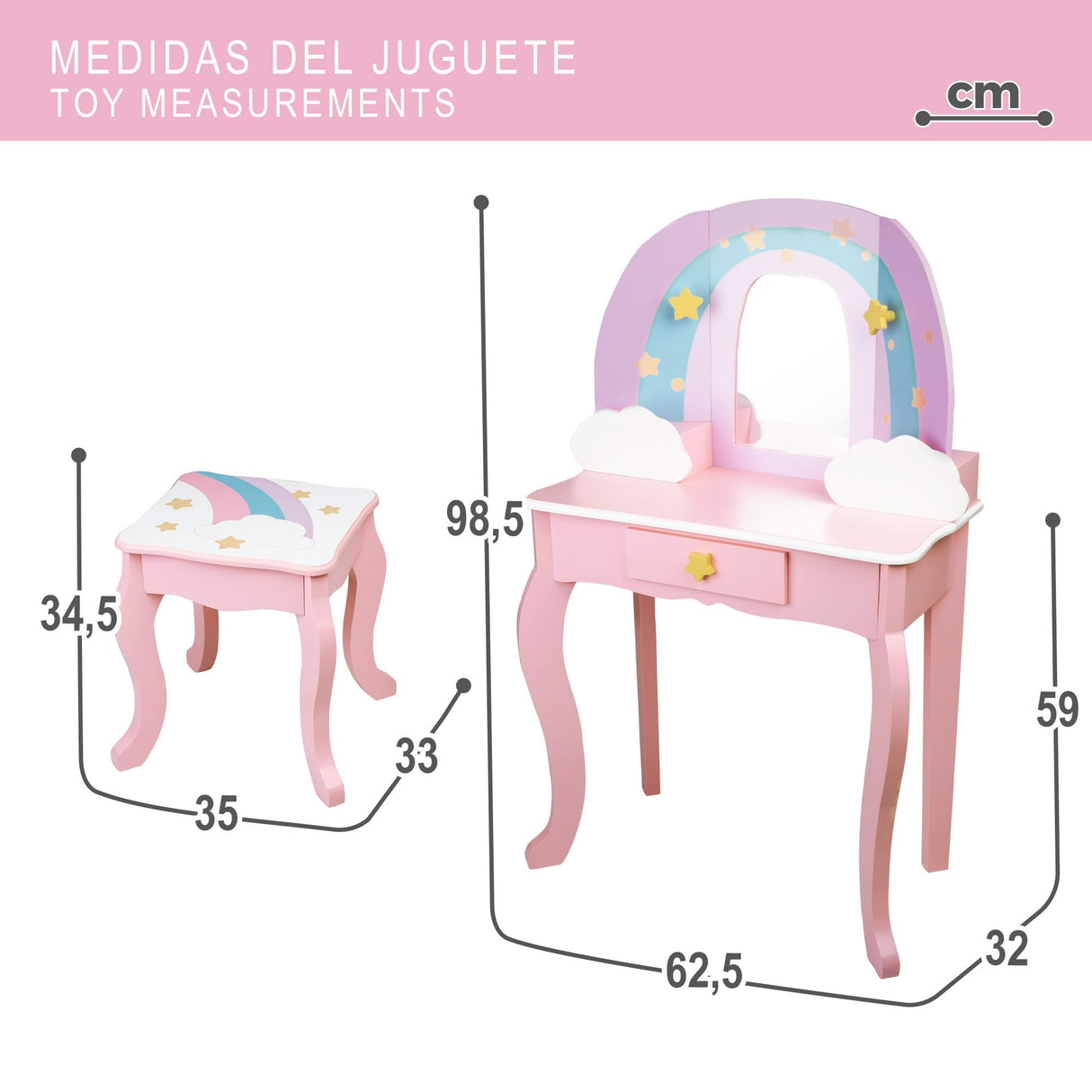 WOOMAX Teamson Kids - Tocador Infantil para niñas Arco Iris con Taburete y Espejo, Juguetes de Madera, Maquillaje para niñas (85397)