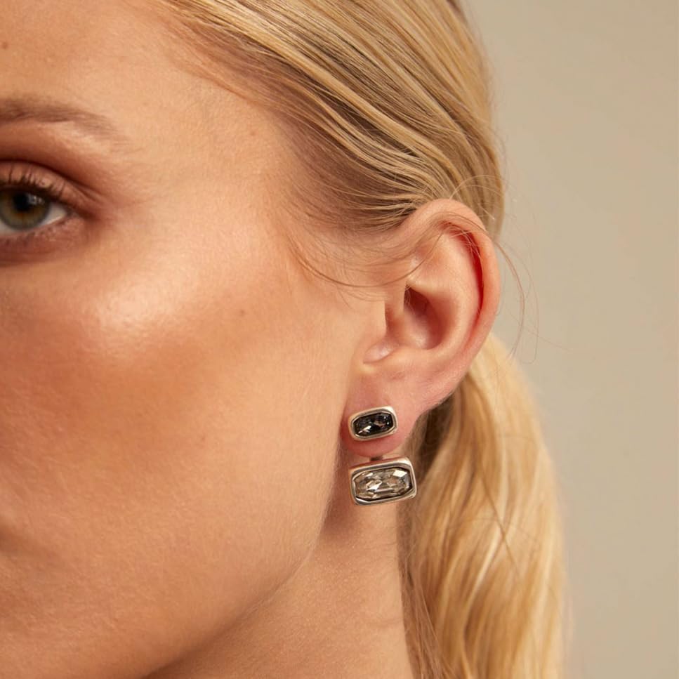 Uno de 50 | Pendientes Multiposición en Aleación de Metales | Baño en Plata de Ley | Cristales Gris y Blanco | Joyería Artesanal