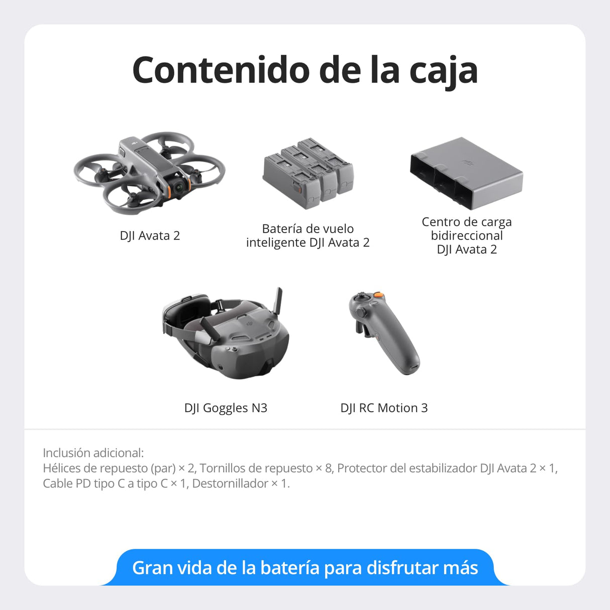 Pack DJI Avata 2 Vuelo Inteligente (tres baterías), dron FPV con cámara 4K, experiencia inmersiva, acrobacias con un toque, protector de hélices integrado, dron con cámara con Goggles N3 y RC Motion 3