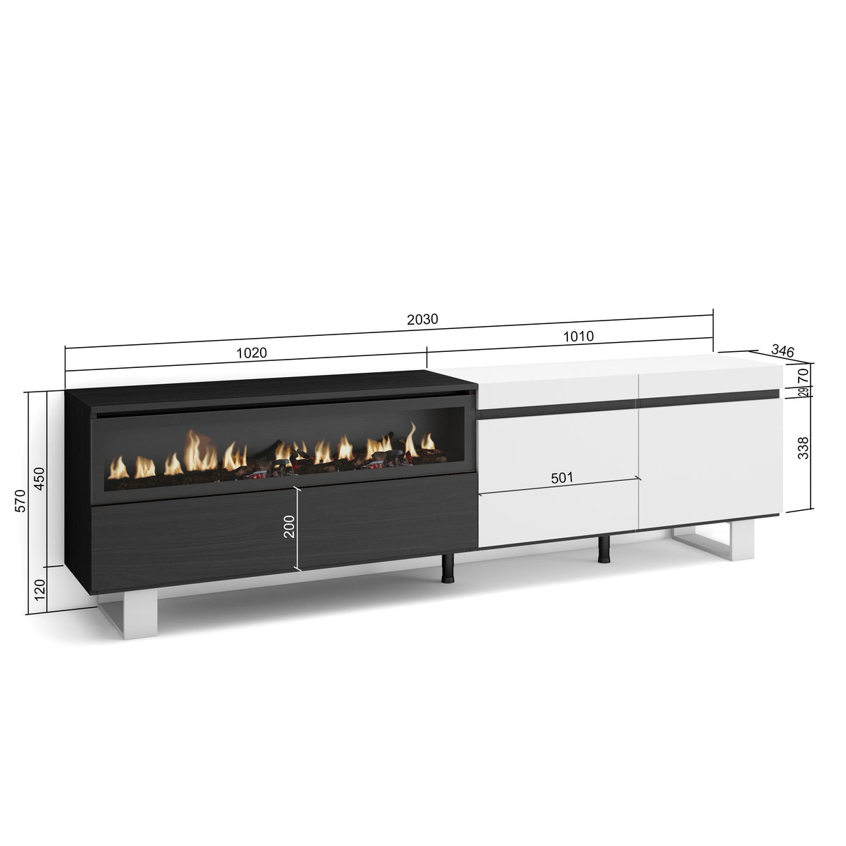 Skraut Home | Mueble TV | Televisión | Muebles de salón, almacenaje | 200x57x35cm | para TV hasta 80" | Chimenea eléctrica | Diseño Industrial | Estilo Moderno | Blanco y Negro