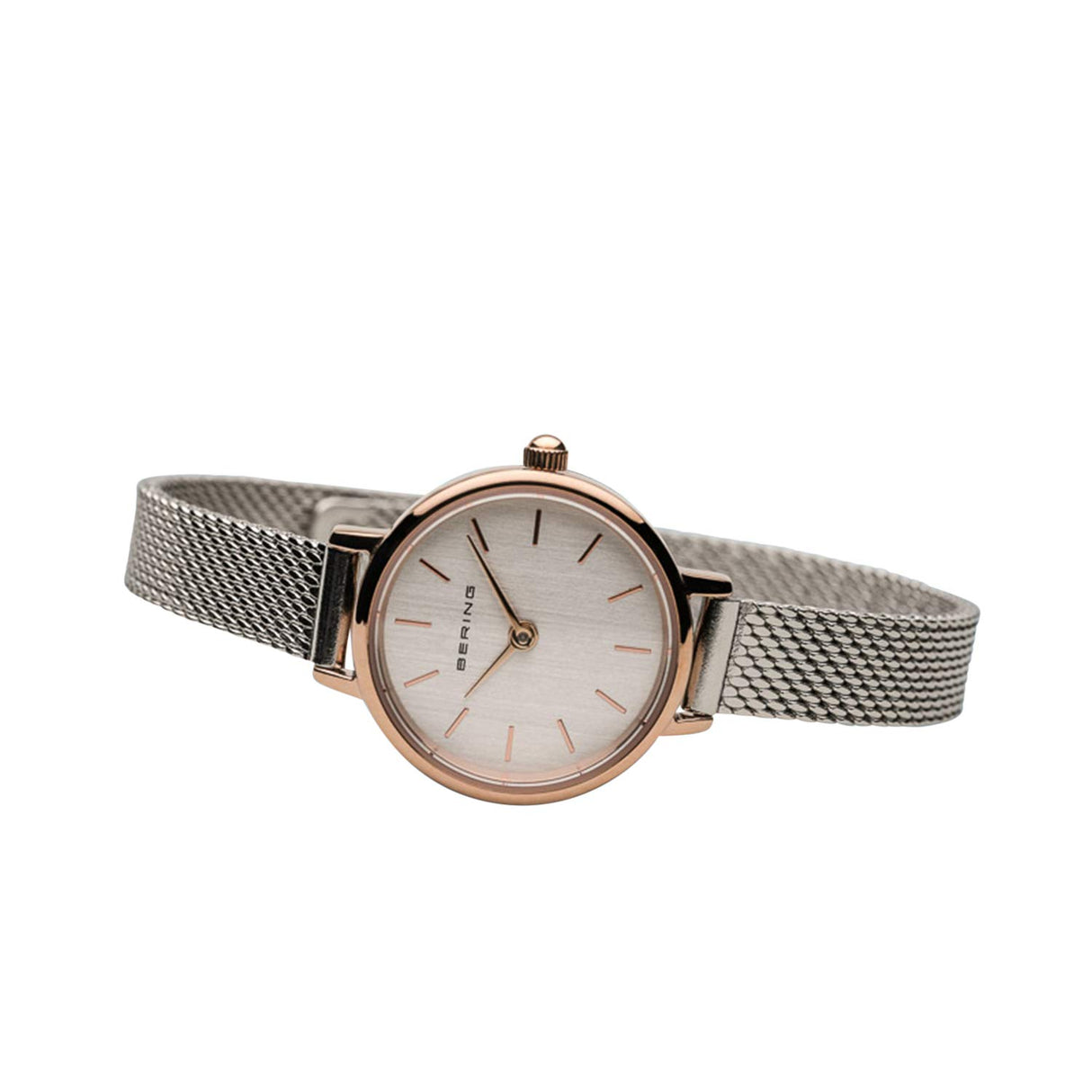 BERING 11022-064 Reloj de cuarzo para mujer con caja de acero inoxidable de 22 mm con acabado en oro rosa y esfera plateada, correa milanesa, cristal de zafiro y resistencia al agua de 3 ATM