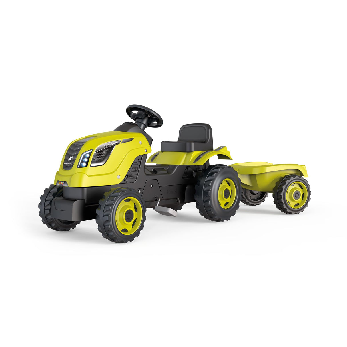 Smoby- Tractor Infantil con Pedales Farmer XL Verde, Muy Resistente, con Remolque, Volante con Bocina, Asiento Ajustable, A Partir de 3 Años (7600710130)