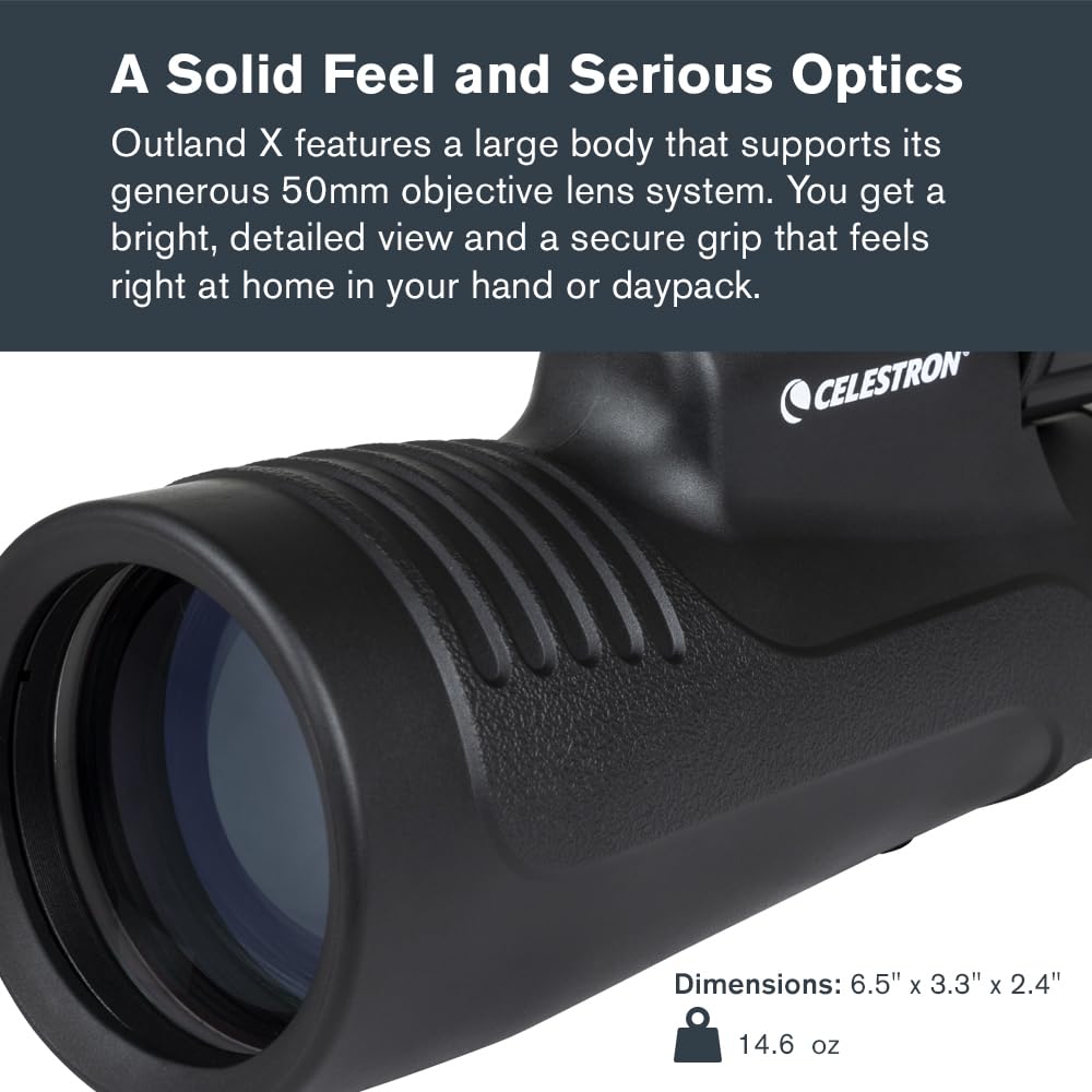 Celestron 72370 Outland X Monocular Resistente Agua 10x50 y Adaptador Smartphone, Bluetooth Remoto, Tapas oculares y Funda - Carcasa Resistente, Prisma BaK-4 y óptica Revestimiento múltiple, Negro