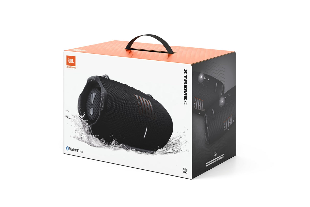 JBL Xtreme 4 Musikbox in Schwarz – Tragbare Bluetooth-Lautsprecher-Box mit tiefem Bass, KI-Sound-Boost und integrierter Powerbank – Wasserfest und staubfest – 24 Laufzeit, UK Stecker (Typ G)