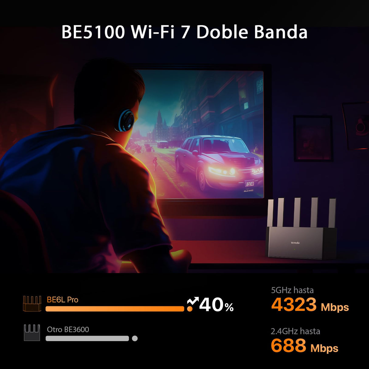 Tenda Router WiFi 7 BE5100 de Doble Banda, WiFi Mesh, 1 Puerto de 2,5 Gbps + 3 Puertos WAN/LAN Gigabit, 5 Antenas Verticales, Tecnología MLO, 4K-QAM, Gaming VR/AR, NFC, Compatible con VPN