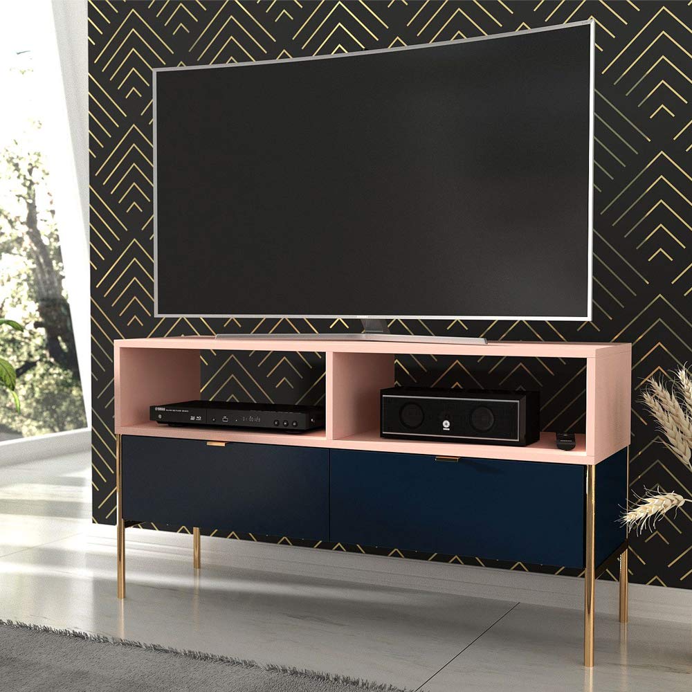 Selsey Mueble de TV, Color Azul Oscuro/Rosa/Estructura de Metal Dorada, 120 x 65 x 37