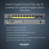 NETGEAR Switch PoE Gigabit Ethernet Smart de 10 Puertos GS110TP |Gestionado con 8X PoE+ a 55W, 2X 1G SFP |Gestión Insight Opcional |Montaje de sobremesa o Pared