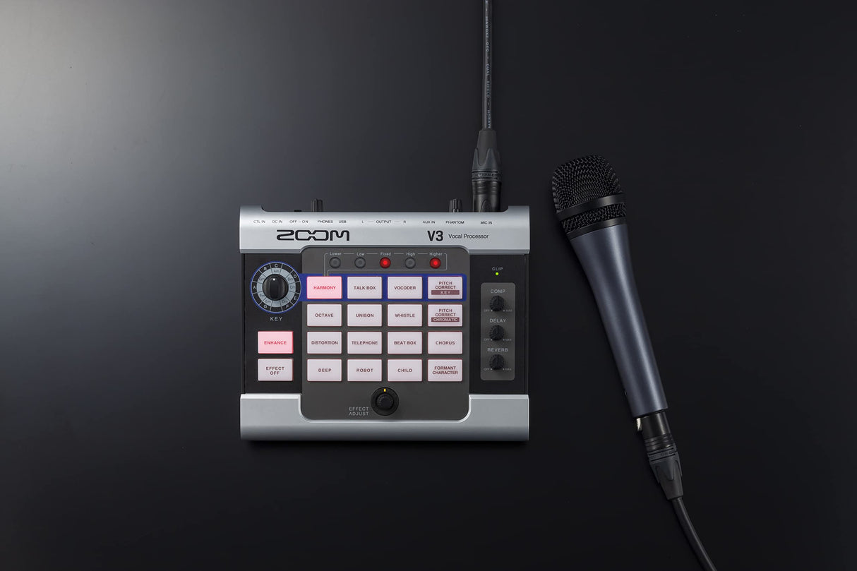 Zoom V3 Procesador de voz, armonizador, corrección de tono, reverb, delay, 16 efectos, alimentado por pilas, para streaming, grabación y actuaciones en directo