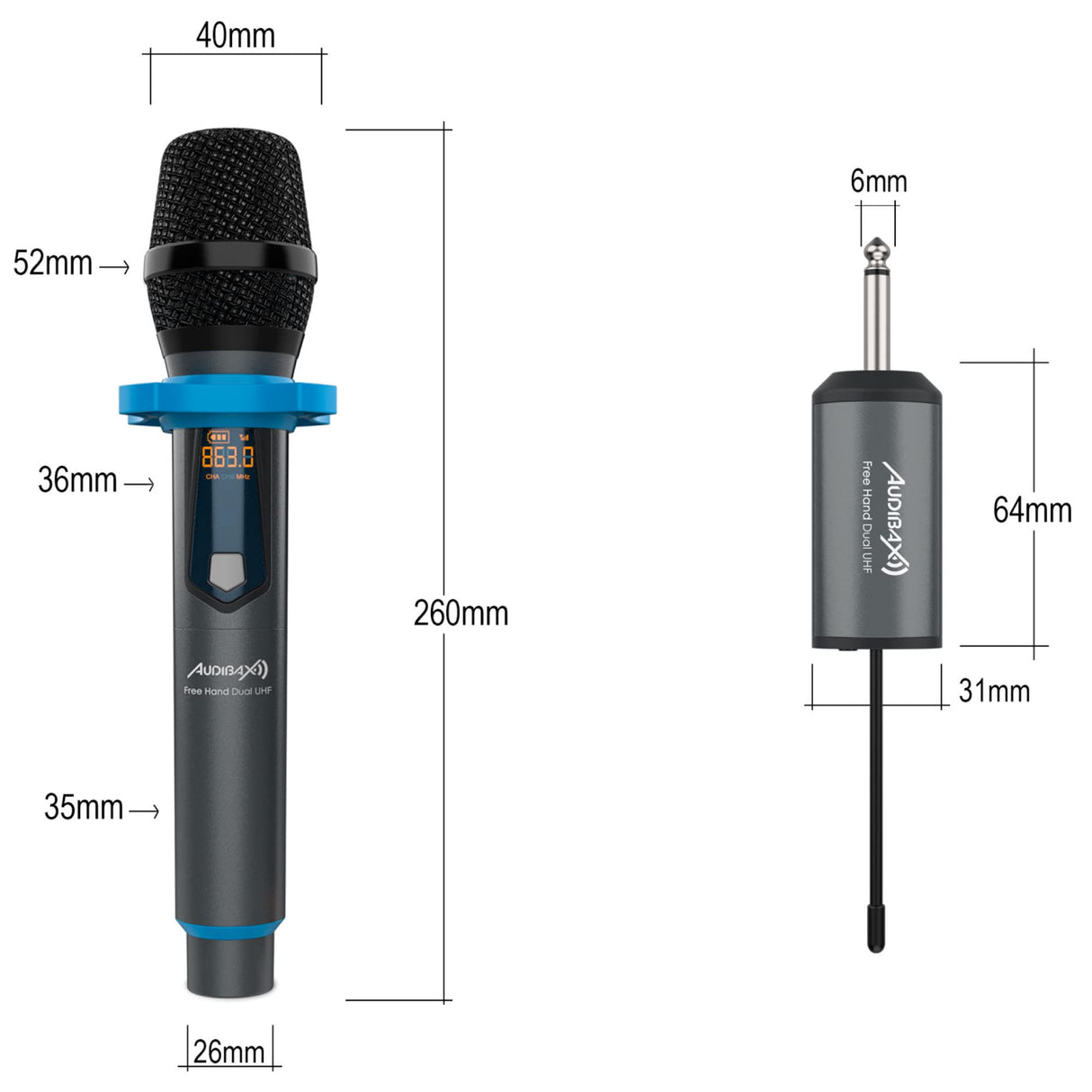 Audibax Missouri Free Hand Dual UHF Sistema de Micrófono Dinámico con Receptor Recargable
