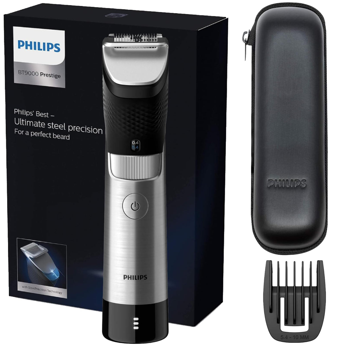 Philips Recortadora de Barba Serie 9000 Hombre, 30 Posiciones de Longitud, Sensor Power Adapt, Resistente al agua, Cuchillas de Acero, Inalambrico, 120 min de autonomia, Funda, BT9810/15, Plateado