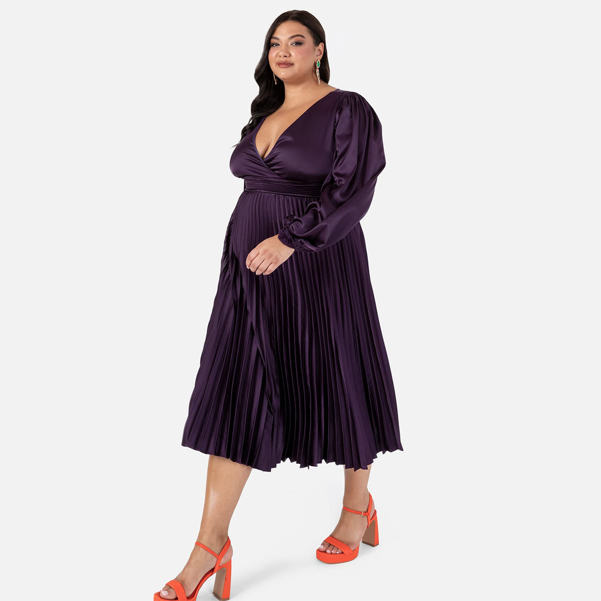 Lovedrobe Pleated Midaxi Dress Ladies Evening Gown V Neckline Back Keyhole Long Sleeve Bishop Satin A Line Vestido, Purple, 22 para Mujer