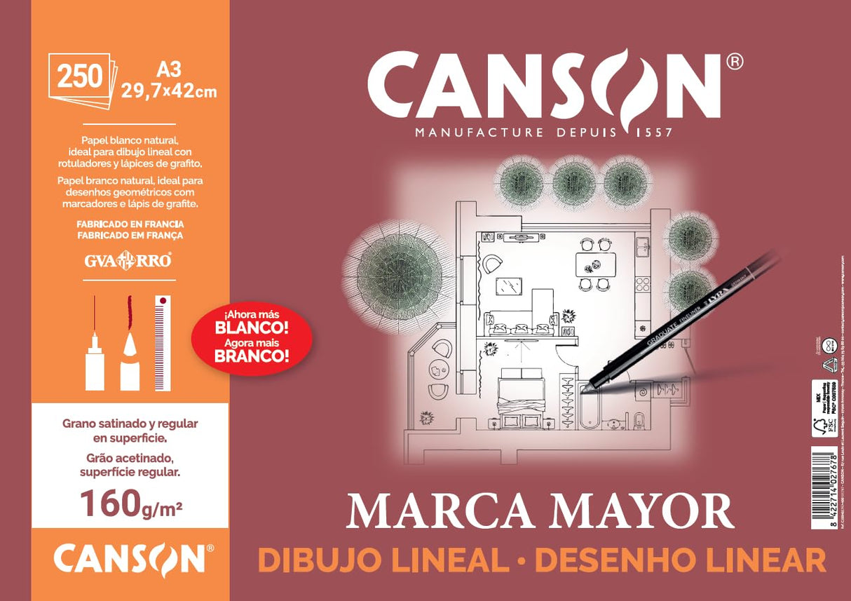 Canson Dibujo Lineal, Papel de dibujo blanco, Suave, 160gsm, Hoja, A3-29,7x42cm, Blanco, 250 Hojas