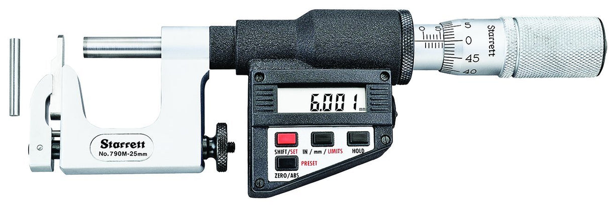 Starrett 790 meafl-25 LCD multi-anvil Micrómetro, fricción Dedal, tuerca de bloqueo, rango de 0 – 25 mm, graduación de 0,001 mm