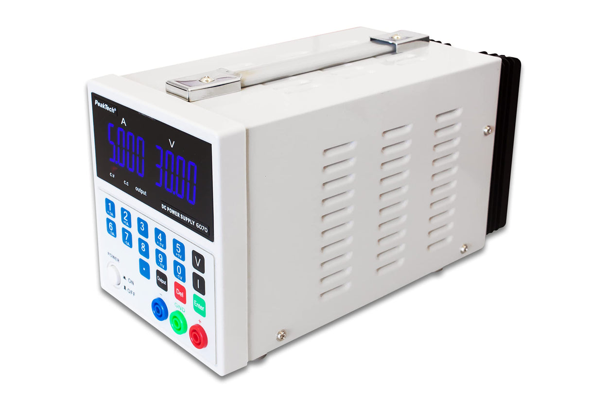 PeakTech 6070 – Fuente de alimentación 0-30V / 0-5A, ajustable, DC con USB y pantalla LED, conmutación estabilizada, amperímetro, a prueba de sobrecarga y cortocircuito, enfriamiento pasiv