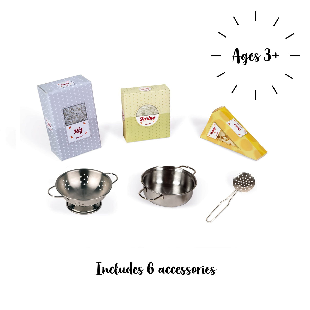 Janod - La Gran Cocina Mozaïc - Cocina de madera para niños - Cocina equipada con luz y sonido - Cocina de madera con 3 accesorios + 3 cajas de cartón para comida - A partir de 3 años,J06609