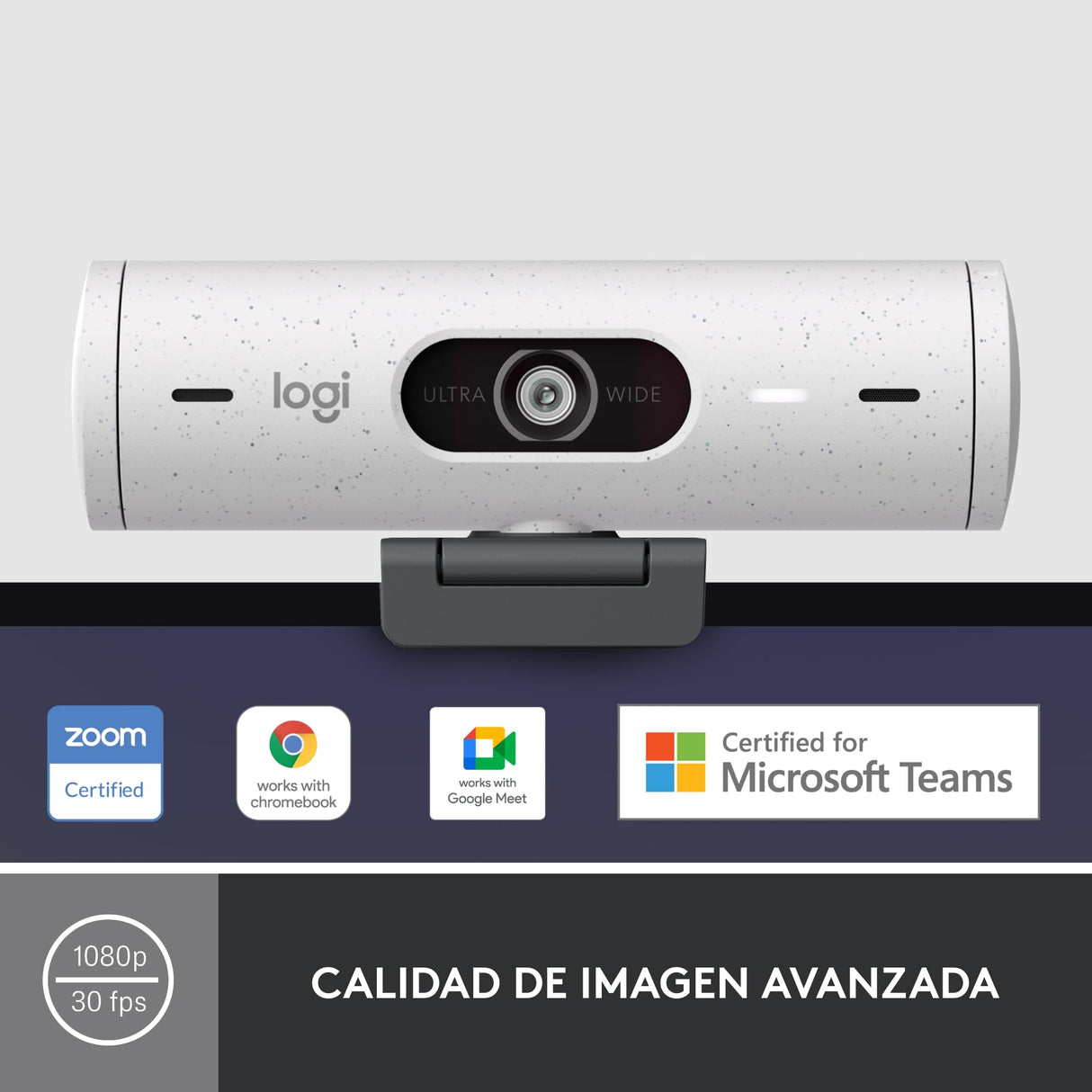 Logitech Brio 500 HD Webcam Ajuste Luz, Modo Visualización, Mics Duales con Reducción Ruido, Cubierta Privacidad Cámara Web, Admite MS Teams, Google Meet, Zoom, Cable USB-C, Webcam Streaming - Blanco