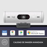 Logitech Brio 500 HD Webcam Ajuste Luz, Modo Visualización, Mics Duales con Reducción Ruido, Cubierta Privacidad Cámara Web, Admite MS Teams, Google Meet, Zoom, Cable USB-C, Webcam Streaming - Blanco