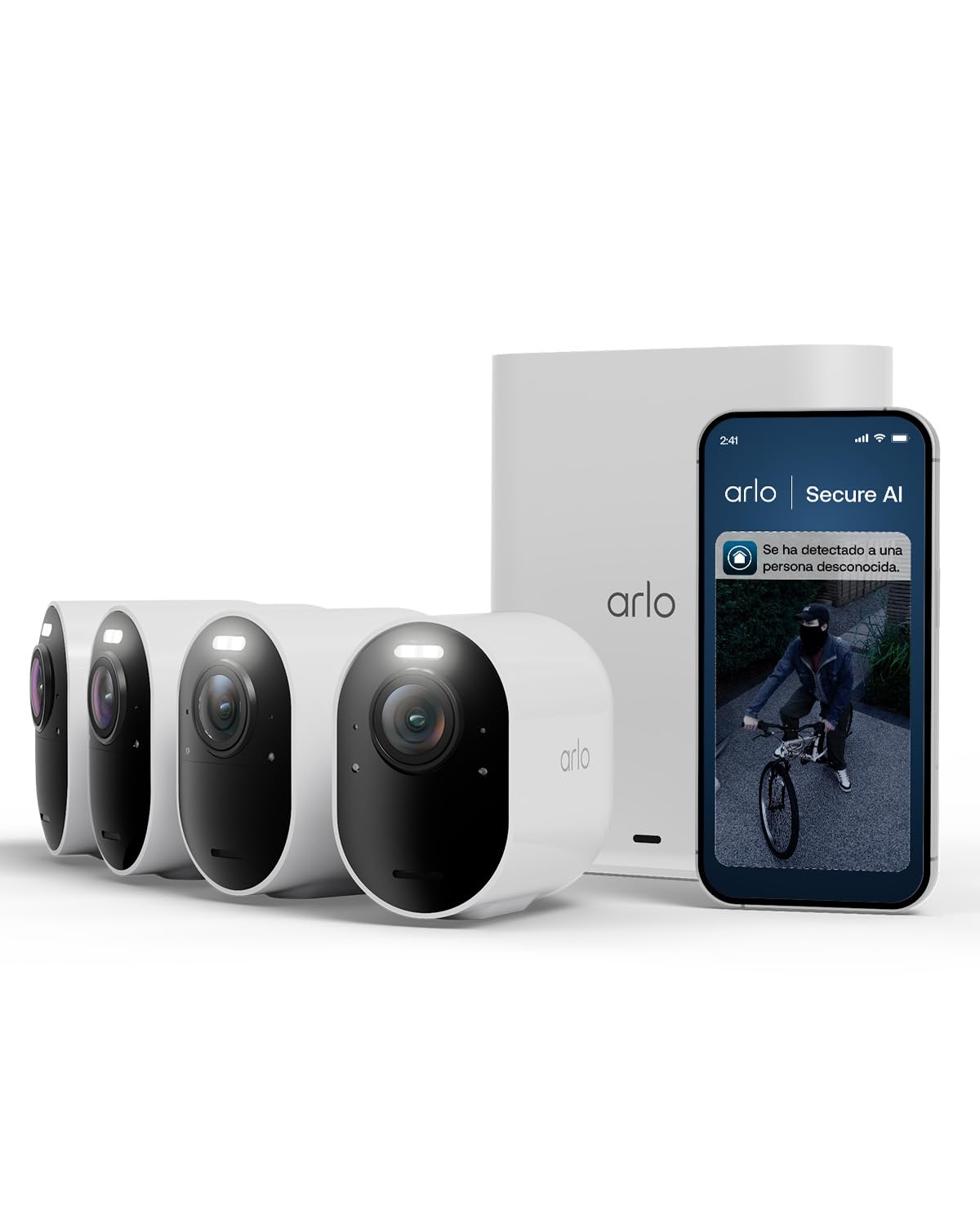 Arlo Ultra 3, Cámara de Vigilancia Exterior WiFi 4K UHD, Reconocimiento por IA, Vsión Nocturna a Color, Audio bidireccional, Funciona con Alexa, Prueba de Secure App incluida, 4 Cámaras + Smarthub