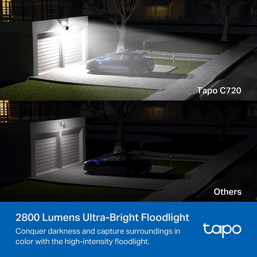 Tapo C720 - Cámara Wi-Fi Externa 2K 4 MP, visión Nocturna y proyectores de 2800 lúmenes, Control de luminosidad y Disparador de activación, detección Inteligente AI, microSD hasta 512 G, IP65, Solo