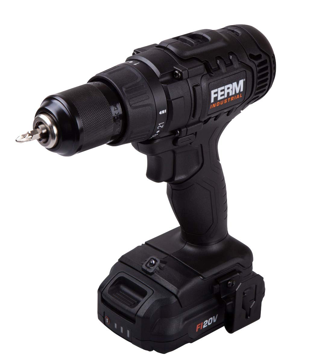 FERM Taladro inalámbrico industrial, FI20 V, 50 Nm, motor de 4 pines, incluye 2 baterías de 2,0 Ah y maletín de almacenamiento