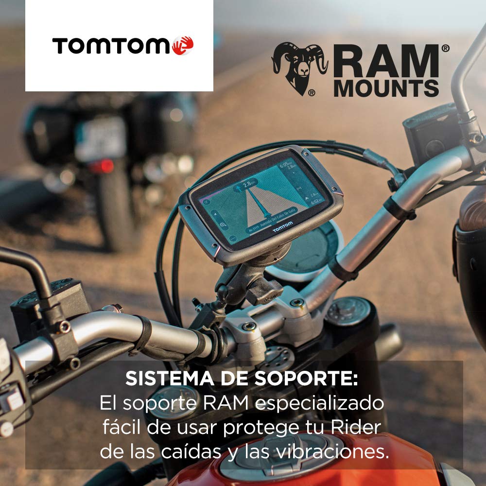 TomTom GPS para motocicletas Rider 500 (4,3 pulgadas con carreteras montañosas, actualizaciones mediante Wi-Fi, info tráfico en tiempo real, Radares de tráfico, 49 mapas)