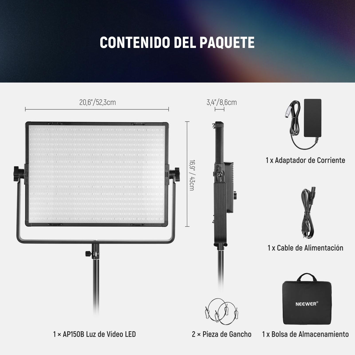 NEEWER 150W Bicolor LED Panel Luz Video Kit, 1440 Leds 49500Lux@0.5m 2500K-8500K CRI96+/TLCI97+ 0-100% Atenuación App/2.4G/Panel/Control DMX para Pro Estudio Foto Grabación Iluminación, AP150B