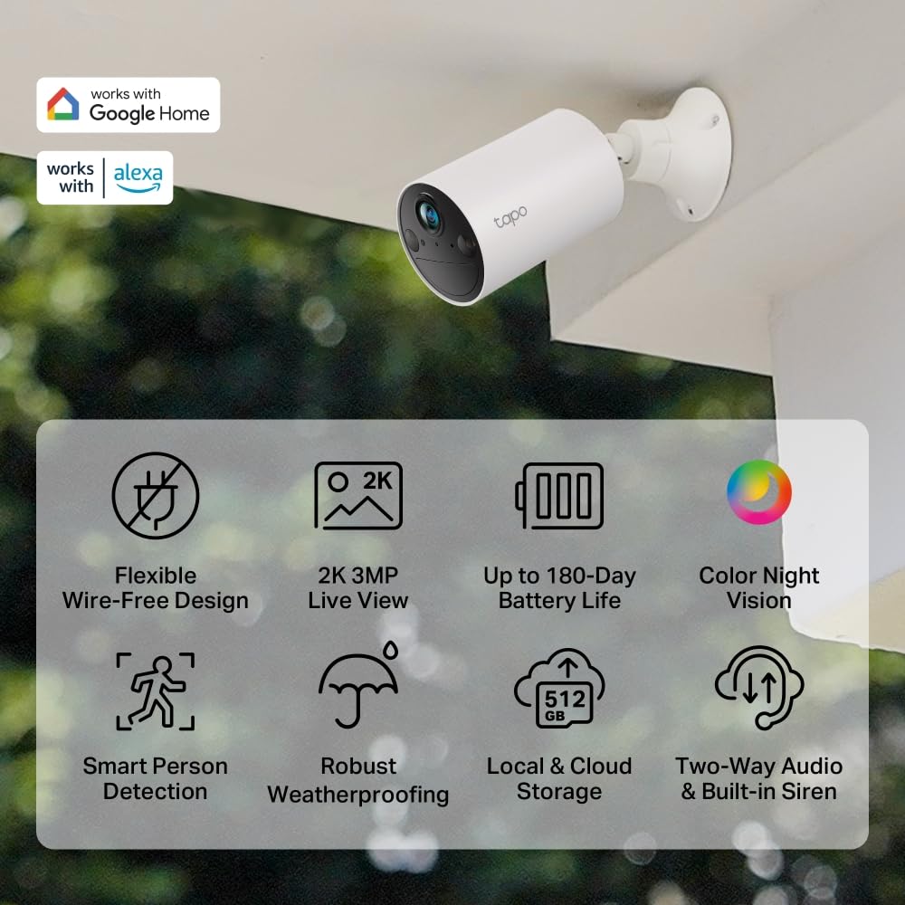 Tapo C410(4-Pack) - Cámara Wi-Fi de Batería para Exterior/Interior, 2K 3MP, 6400mAh, Detección de Personas por IA, Visión Nocturna a Color, No Requiere Hub, Compatible con Panel Solar
