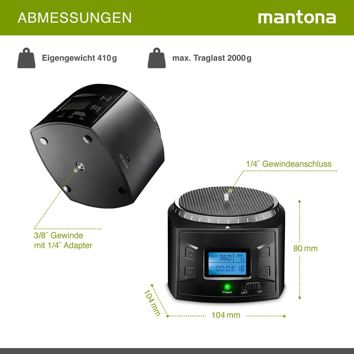 Mantona Turnaround 360 Advanced 3 - Cabezal de trípode eléctrico panorámico de rotación Continua de 360° para Timelapse Timelapse y pivotar con cámara para Smartphone Action CAM GoPro