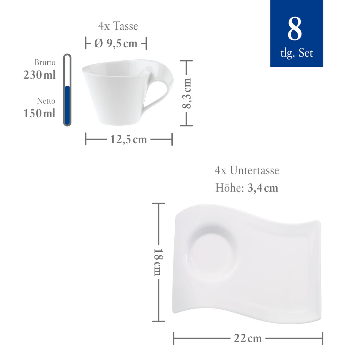 Villeroy & Boch NewWave Juego de Cappuccino, 8 pz, Porcelana, Blanco, 8 Unidad (Paquete de 1), 4