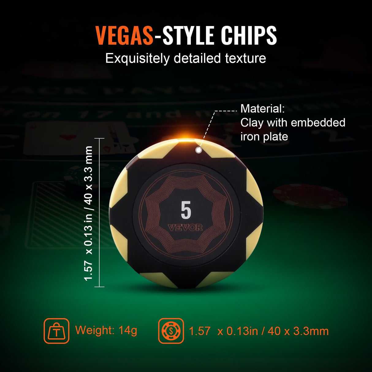 VEVOR Estuche de Póquer 500 Fichas de Póker de Clay y ABS 14g 40x3,3mm con 2 Barajas de Cartas Texas Holdem 1 Botón de Distribuidor y 2 Botones Ciegos para Juegos de Apuestas Blackjack Casino en Casa