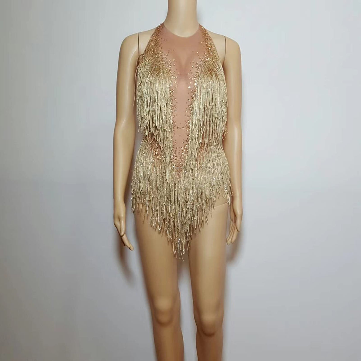 YUANTONG Body de diamantes de imitación dorado para mujer, con flecos, top de baile, leotardo, drag Queen, trajes