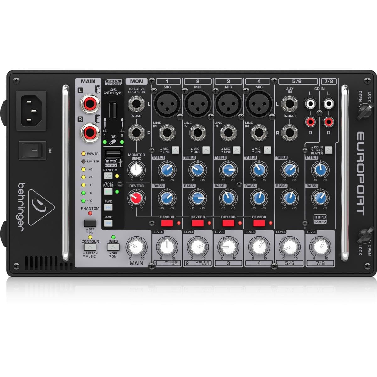 Behringer EUROPORT EPS500MP3 Sistema de megafonía portátil ultracompacto de 500 vatios y 8 canales con reproductor de MP3, reverberación y opción inalámbrica