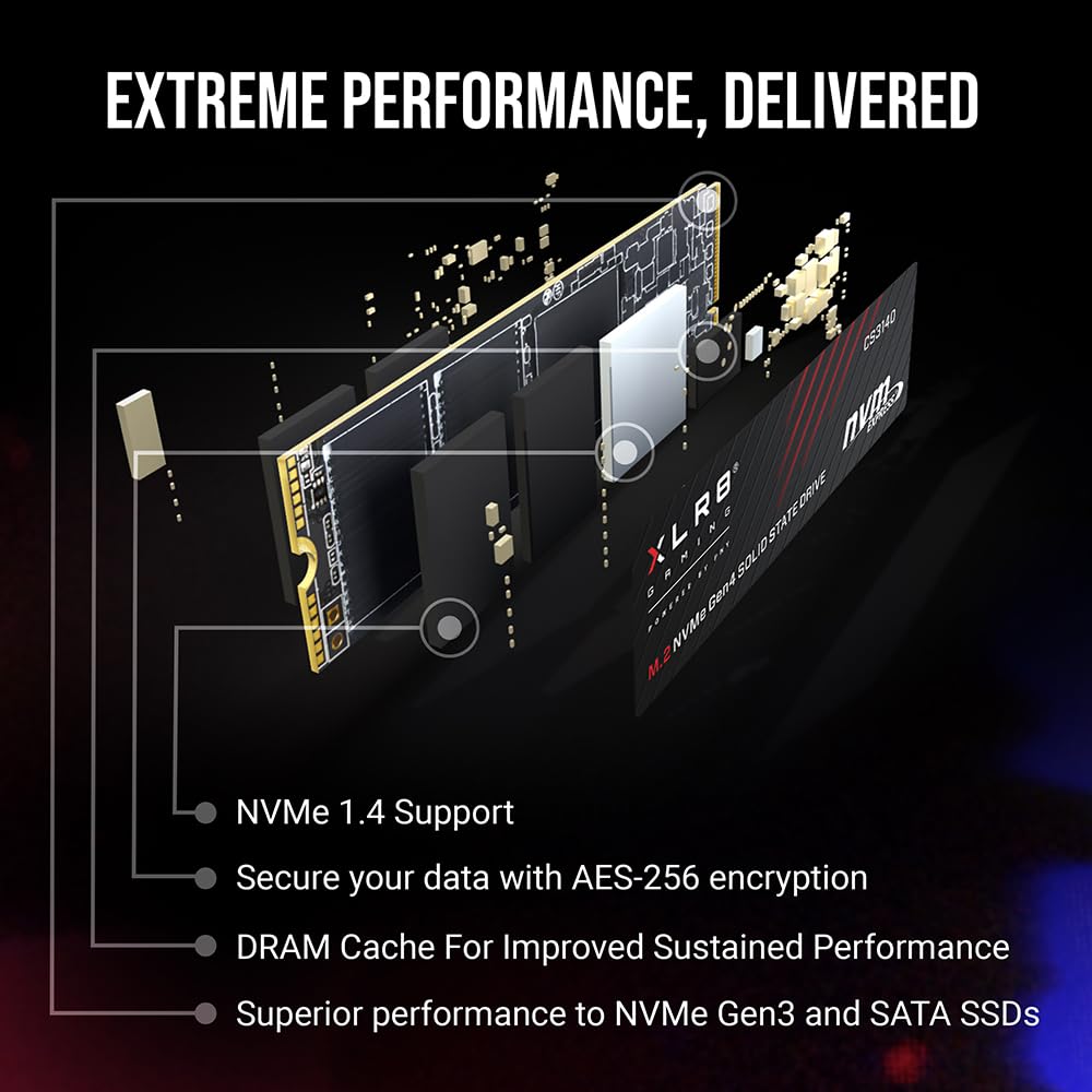PNY XLR8 CS3140 M.2 NVMe Gen4 x4 Unidad de Estado Sólido (SSD) Interna de 2TB, Velocidad de Lectura hasta 7500 MB/s, Velocidad de Escritura hasta 6850 MB/s