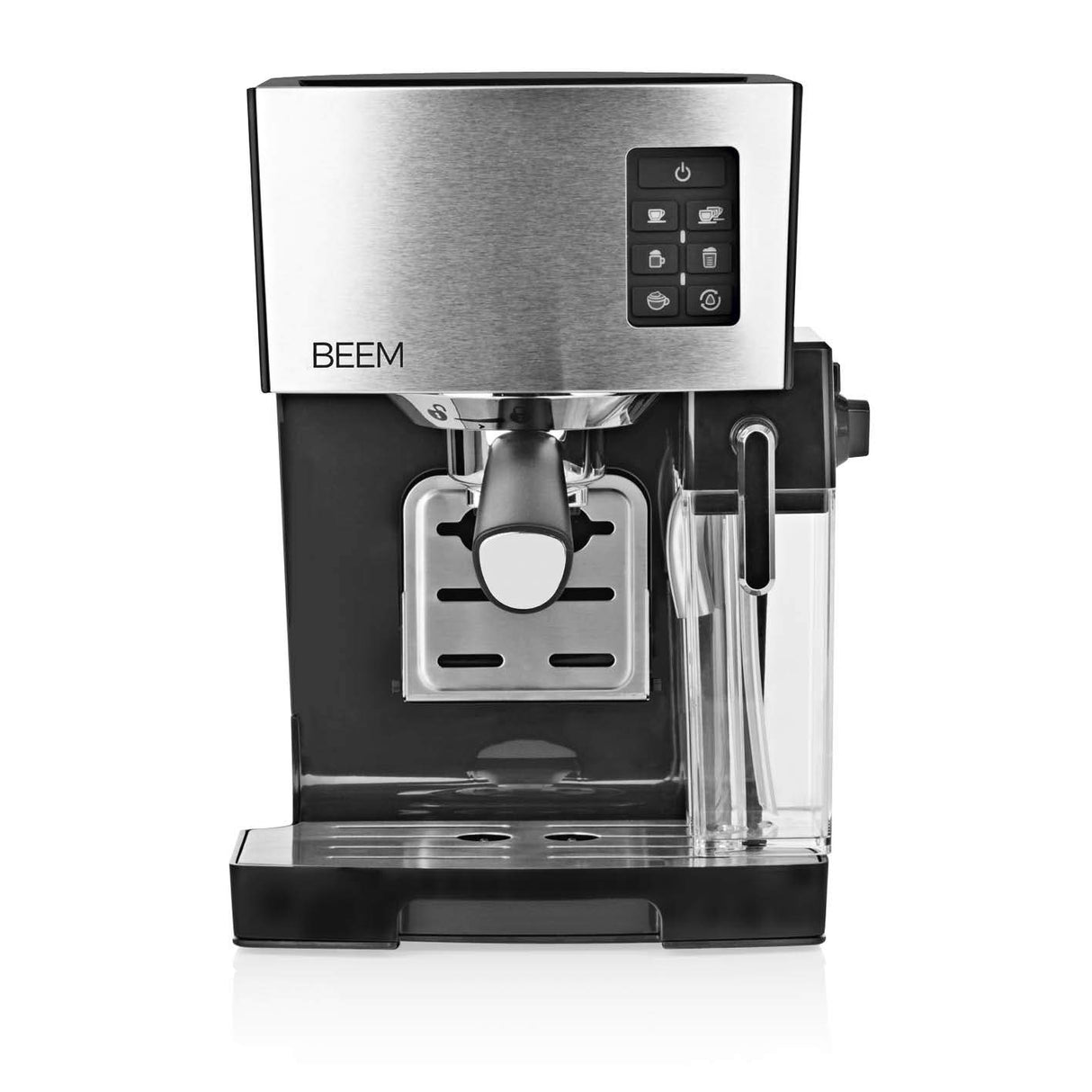 BEEM CLASSICO Máquina portafiltros de espresso - 19 bar | Plata | Depósito de leche integrado y boquilla de vapor | Depósito de agua extraíble | 1450 W