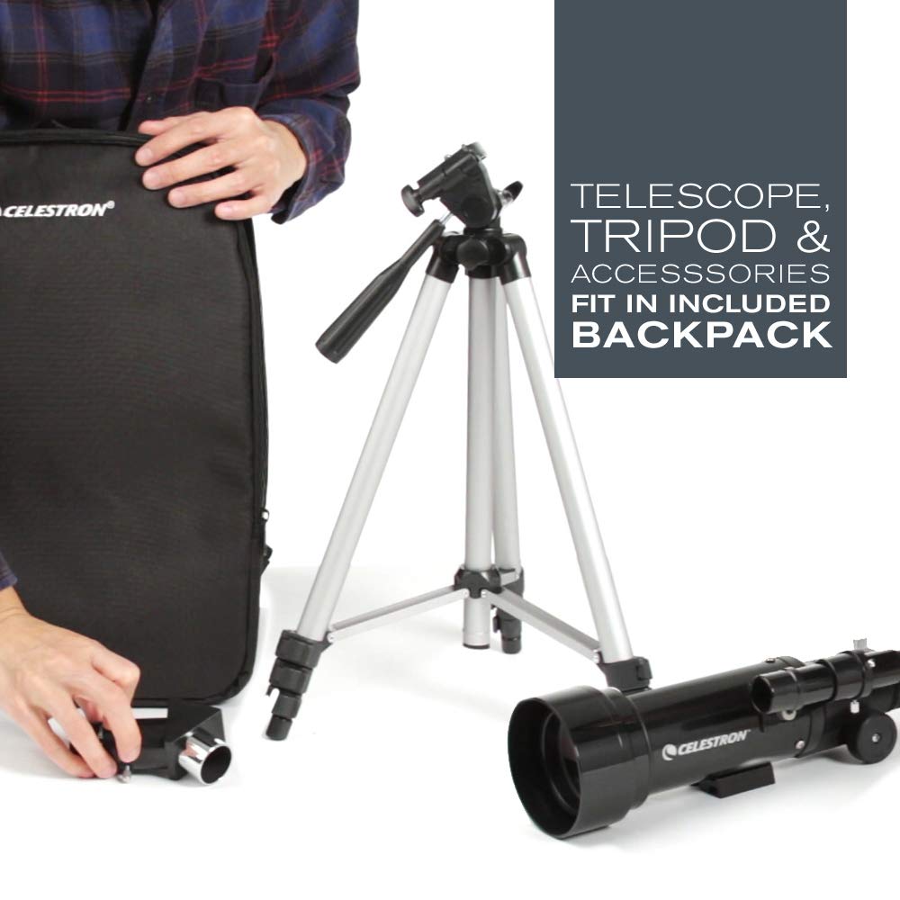 Celestron 21035 ADS Travel Scope 70 Kit de telescopio Refractor con Mochila, Negro (Exclusivo de Amazon Que Incluye un Ocular Adicional de 4 mm y 3 Lentes Barlow)