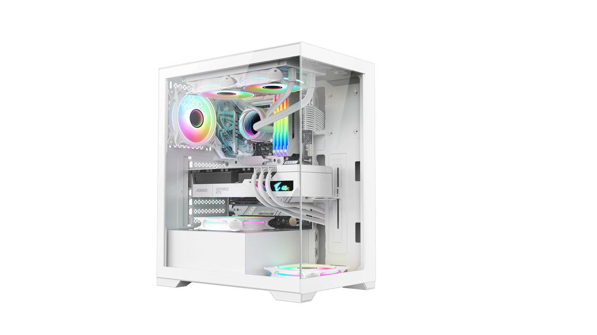 Vida Vetro - Carcasa Blanca ARGB para Juegos con Cristal Frontal y Lateral, ATX, 3 Ventiladores ARGB, 6 Puertos PWM ARGB