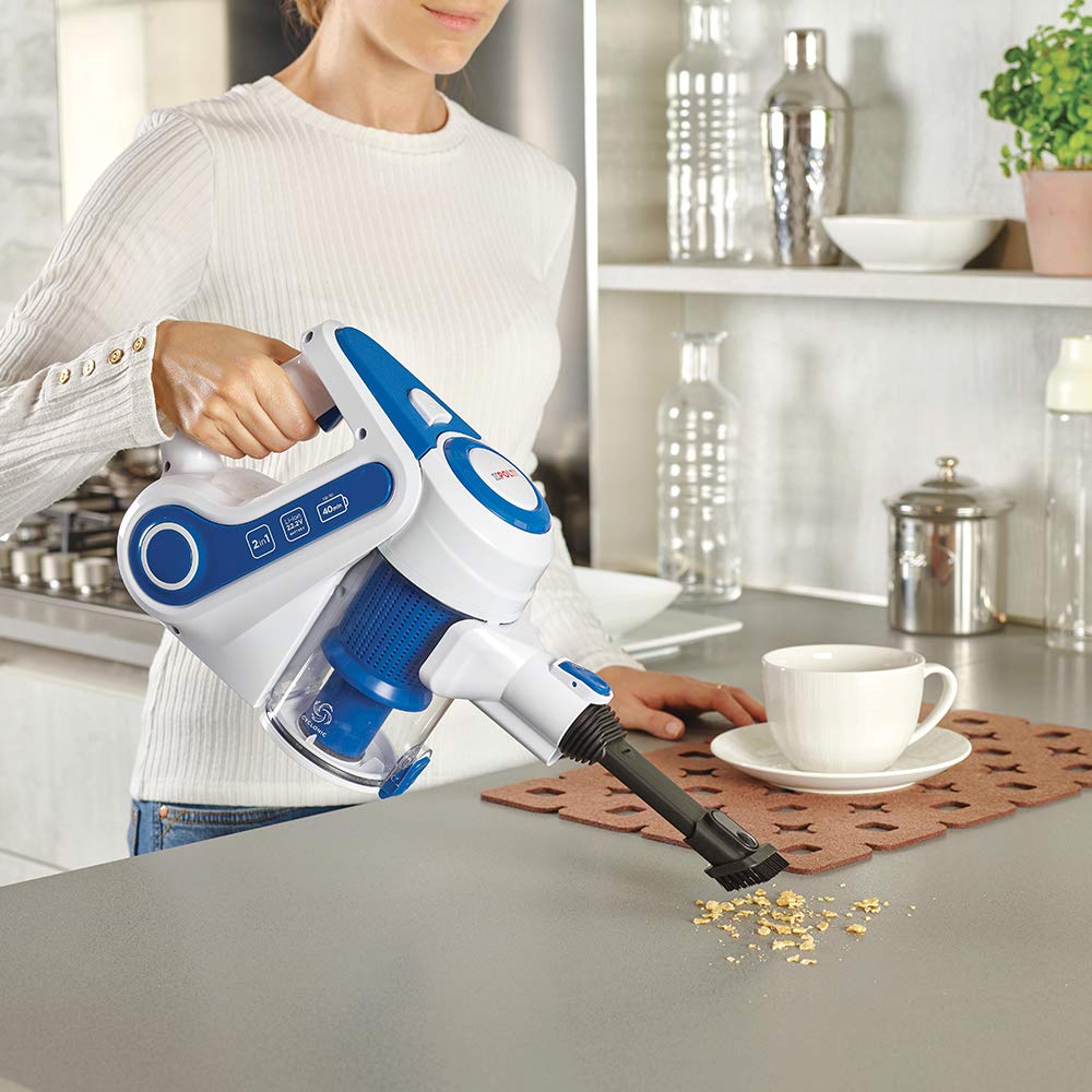 Polti Forzaspira Slim SR90B, Escoba Eléctrica Recargable sin Cable, Doble Función con Aspirador Portátil, Tecnología Ciclónica, hasta 40 Minutos Autonomia, Parking Vertical, Blanco y Azul