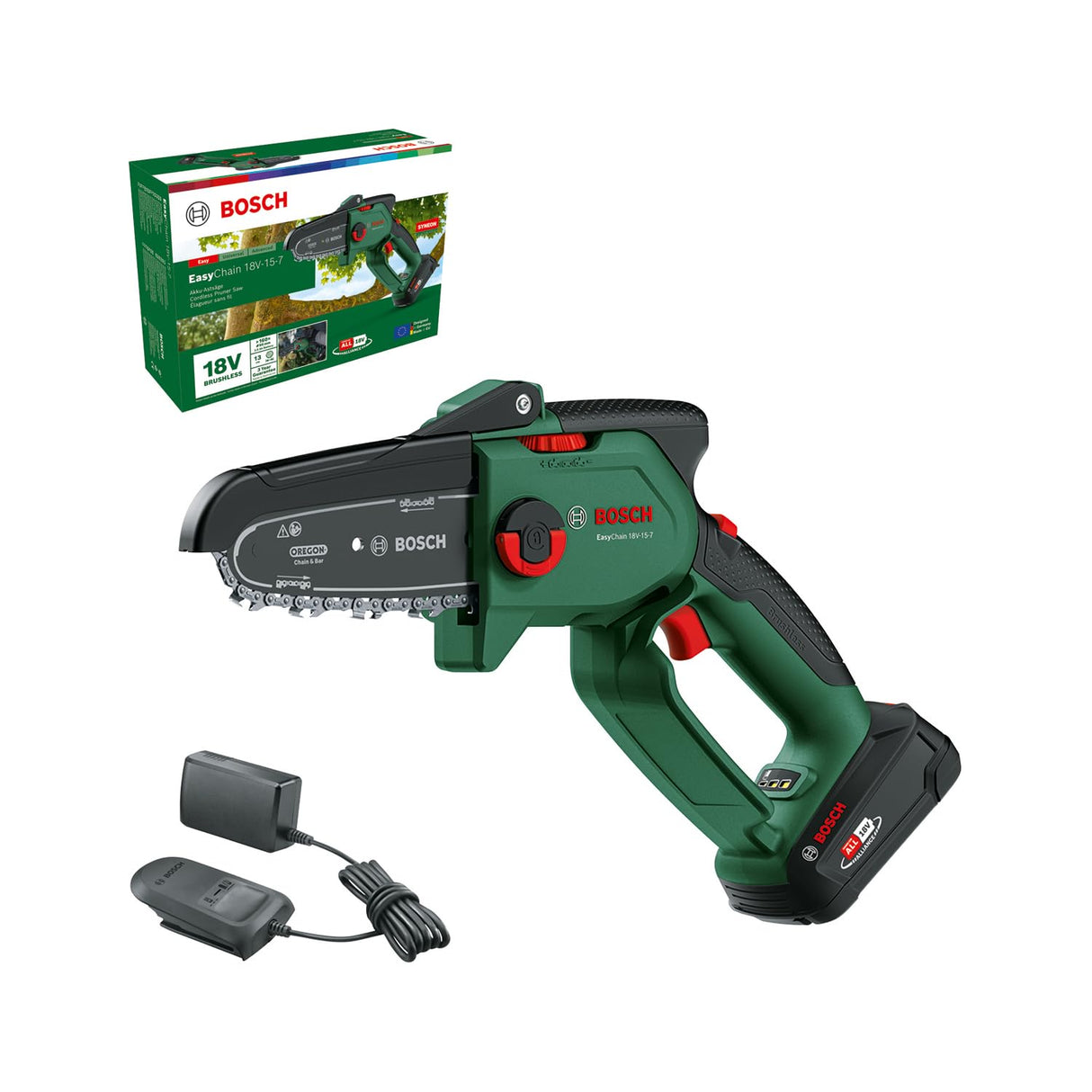 Bosch Mini Motosierra a Batería EasyChain 18V-15-7 (Para cortar madera; sistema de 18 voltios; velocidad de la cadena: 6,95 m/s; con batería de 2,5 Ah y cargador)