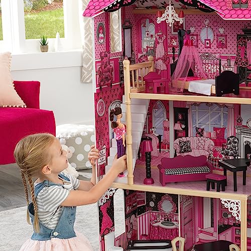 KidKraft Casa de muñecas de Madera Amelia para muñecas de 30 cm con Muebles y Accesorios, Casita de Juguete con Ascensor y balcón, 3 Niveles de Juego, Juguetes niños y niñas Desde 3 años (65093)