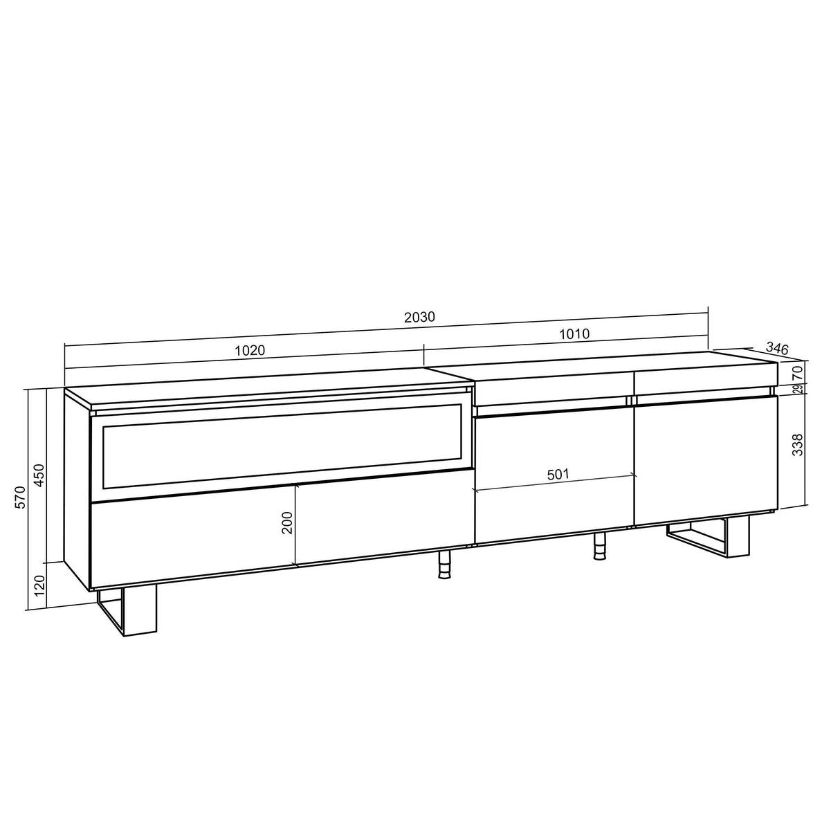 Skraut Home | Mueble TV | Televisión | Muebles de salón, almacenaje | 200x57x35cm | para TV hasta 80" | Chimenea eléctrica | Diseño Industrial | Estilo Moderno | Blanco y Negro