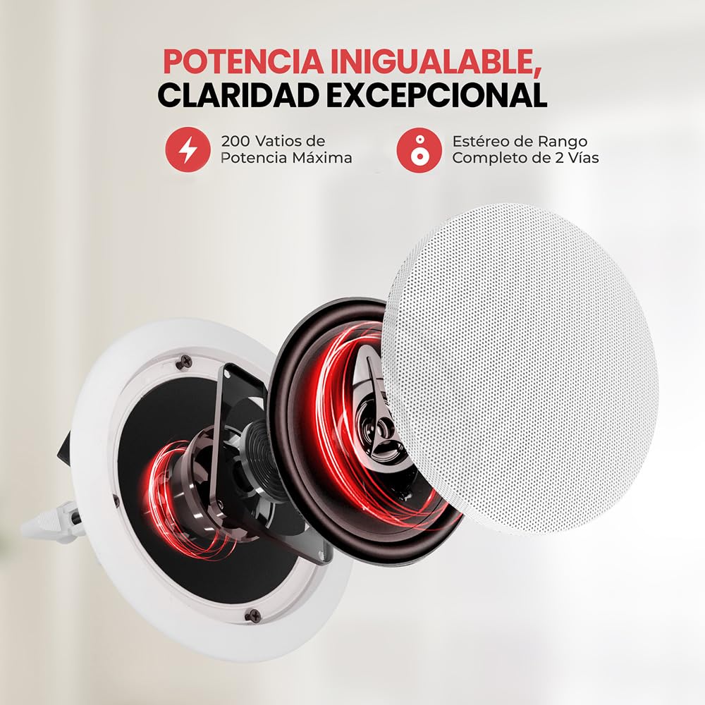 Pyle Altavoces empotrables, Bluetooth,Techo, Pared, 6.5”, 200W, 2 vias, Parrillas Redondas y cuadradas Intercambiables, Estereo