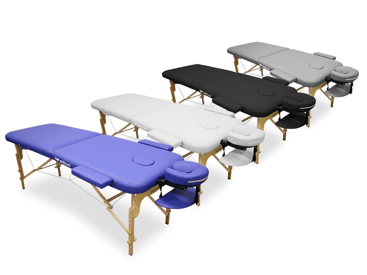 QUIRUMED Camilla de Masaje Plegable WELLCORE, Fabricada en Madera, Polipiel, 185 x 65 cm, Altura Regulable, Cabezal extraíble, Dos Brazos de ampliación, Agujero Facial, Color Negro, hasta 225 kg