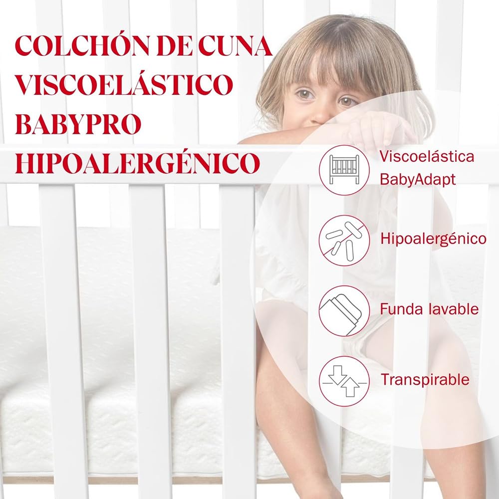 Pikolin Baby - Colchón Cuna 70 x 140 cm Viscoelástico BabyPro Altura 10cm – Hipoalergénico - Funda Extraíble y Lavable - Descanso Seguro y Transpirable