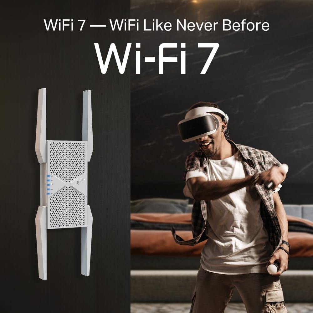 TP-Link RE655BE - Repetidor Wi-Fi 7 de Tres Bandas BE9300, hasta 5764 Mbps (6 GHz) + 2882 Mbps (5 GHz) + 688 Mbps (2,4 GHz), EasyMesh, 1 Puerto LAN de 2,5 Gigabit, 4 Antenas externas, WPAA