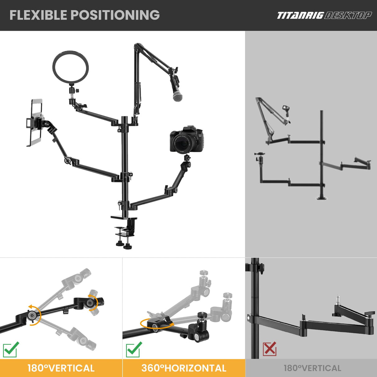 TARION Soporte Camara Mesa Brazo: Soporte para Camara de Escritorio Flexible Overhead Camera Mount Rig Fotografia con Brazo Articulado para Luz de Anillo Micrófono Video Titanrig(Conjunto de Mesa)