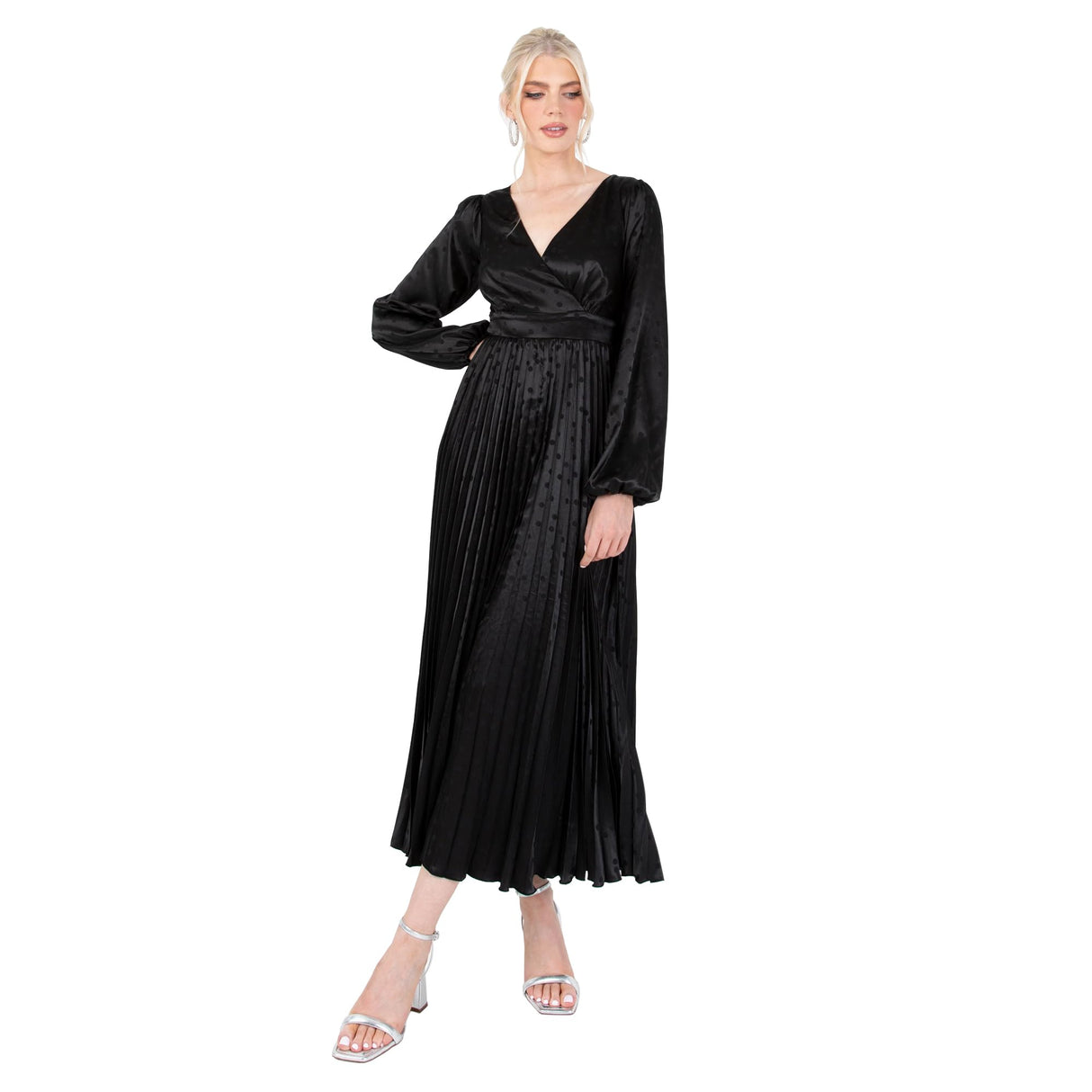 Lovedrobe Women's Midaxi Dress Ladies Pleated Satin V-Neck Long Bishop Sleeve Empire A-Line for Evening Occasion Party Prom Ball Vestido, Negro, 42 para Mujer