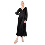 Lovedrobe Women's Midaxi Dress Ladies Pleated Satin V-Neck Long Bishop Sleeve Empire A-Line for Evening Occasion Party Prom Ball Vestido, Negro, 42 para Mujer