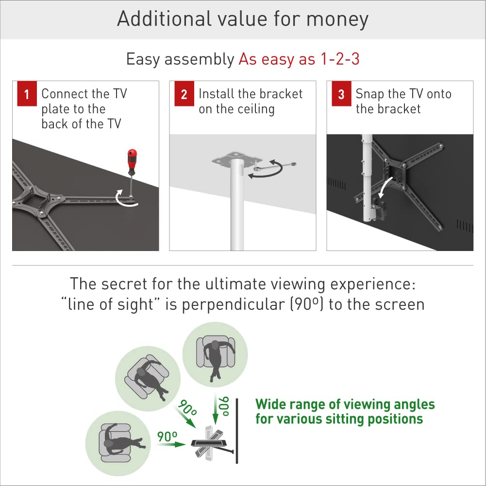 Barkan Soporte de TV de Techo, 97cm de Largo Blanco Giratorio e inclinable para Pantallas de 13-65 Pulgadas, Peso máximo 40Kg, Telescópico de Altura Ajustable, para LED OLED LCD, hasta VESA 400x400
