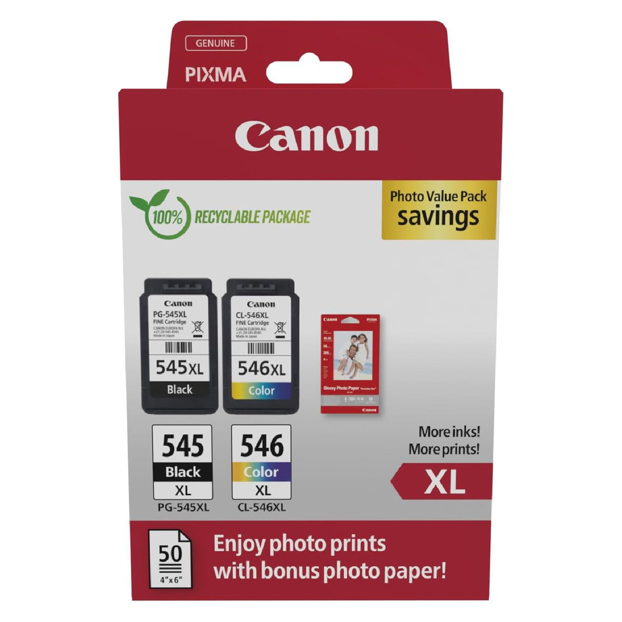 Canon Tinta y Papel - PG-545XL + CL-546XL - Pack de 2 Cartuchos Originales - (x 1 Negro, x 1 Tricolor) + Papel fotográfico 10 x 15 cm (50 Hojas)
