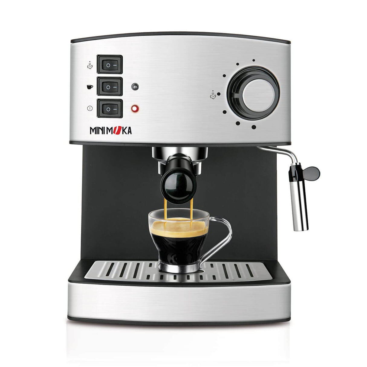 Minimoka - Cafetera espresso | 2 cacillos para 1 o 2 cafés | 15 bar | 850W | Vaporizador | 1.6L | Café molido o monodosis | Bandeja calienta tazas | Filtro Extra Cream | Inox